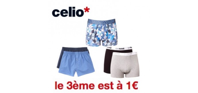 Celio*: 2 caleçons ou boxers achetés = le 3ème pour 1€