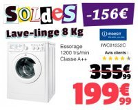 Cdiscount: Lave-linge 8kg INDESIT IWC81252C à 199,99€ au lieu de 361,99€
