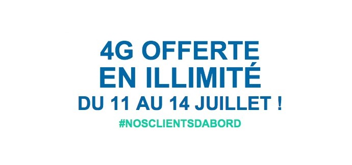 Bouygues Telecom: [Clients Bouygues] 4G offerte en illimité du 11 au 14 juillet