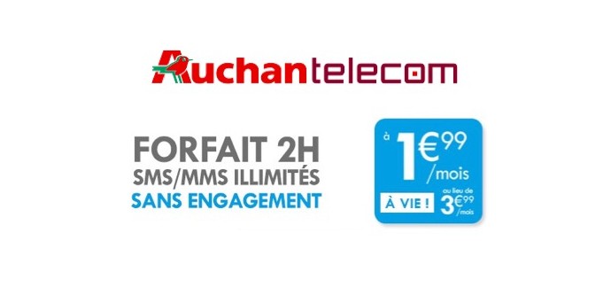Auchan: Forfait mobile 2H, SMS / MMS illimités sans engagement à 1,99€ / mois à vie