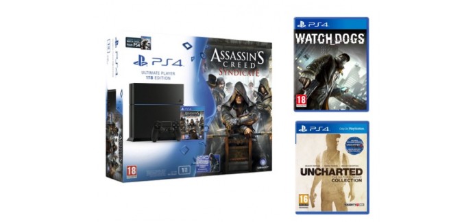 Amazon: PS4 1To + 3 jeux (Assassin's Creed : Syndicate + Watch Dogs + Uncharted) à 399€