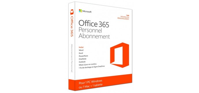 Amazon: 1 an d'abonnement à Office 365 Personnel (Word, Excel, PowerPoint, ...) à 34,99€