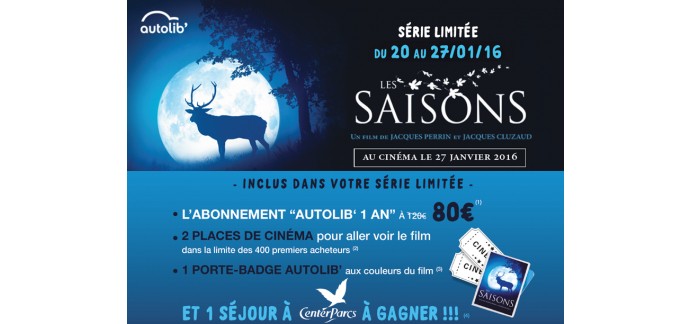 Autolib: Abonnement à 80€ au lieu de 120€ + 2 places de cinéma offertes en cadeau 