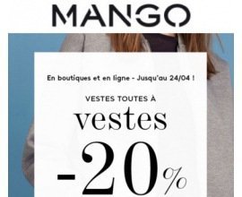 Mango: - 20% sur toutes les vestes Femme + livraison gratuite dès 30€ d'achat