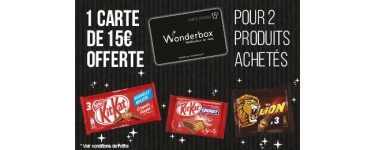 Total: Pour l’achat de 2 produits chocolats =1 carte cadeau Wonderbox de 15€ 