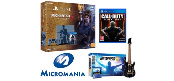 Micromania: Pack PS4 1To Uncharted 4 + Guitar Hero Live + CoD Black Ops III à 399,99€