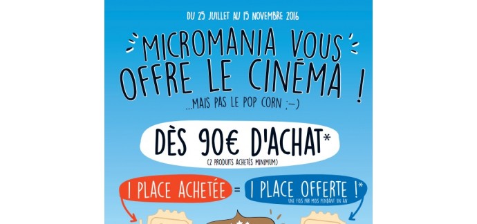 Micromania: 1 carte cinéma "1 place achetée = 1 place offerte" offerte dès 90€ d'achat