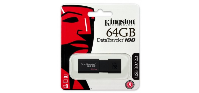 Amazon: Clé USB Kingston - DT100G3/64GB - DataTraveler - 100 G3, USB 3.1 à 16,63€