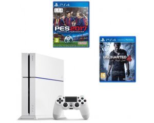 Cdiscount: Pack PS4 500 Go Blanche + 2 jeux (Uncharted 4 + PES 2017) à 299,99€