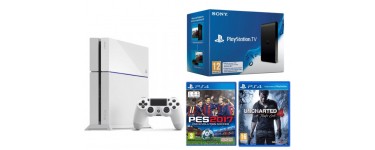 Micromania: Pack PS4 blanche 500Go + Uncharted 4 + PES 2017 + PS TV pour 299,99€