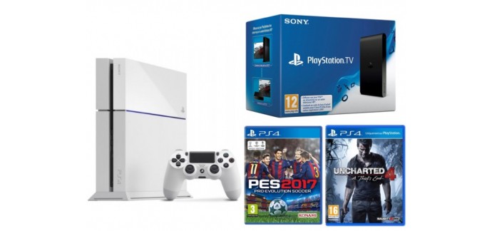Micromania: Pack PS4 blanche 500Go + Uncharted 4 + PES 2017 + PS TV pour 299,99€