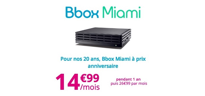 Bouygues Telecom: Abonnement internet Bbox Miami avec TV & Téléphonie à 14,99€/mois pendant 1 an