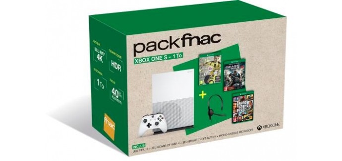 Fnac: Pack Console Xbox One S 1To Fifa 17 + GTA V + Gears of War 4 + Casque à 379€
