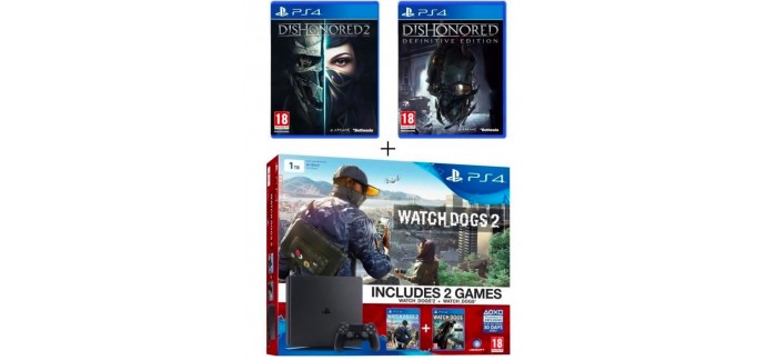 Cdiscount: Nouvelle PS4 Slim 1 To + 4 jeux (Watch Dogs 1 & 2 + Dishonored 1 & 2) à 349,99€