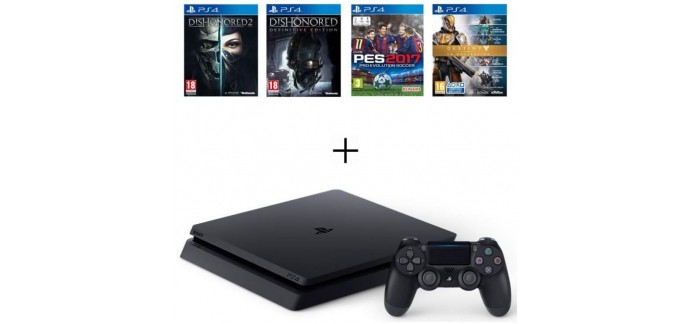 Cdiscount: PS4 Slim 500 Go + 4 Jeux : Dishonored 1 & 2 + Destiny + PES17 à 299,99€