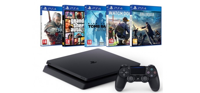 Amazon: Pack PS4 Slim + FFXV + Watch Dogs 2 + GTA V + The Witcher 3 + Tomb Raider à 350€