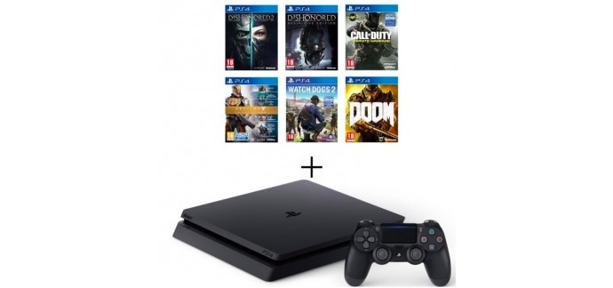 Cdiscount: PS4 Slim 500 Go + 6 jeux (dont Watch Dogs 2 et CoD Infinite Warfare) à 349,99€