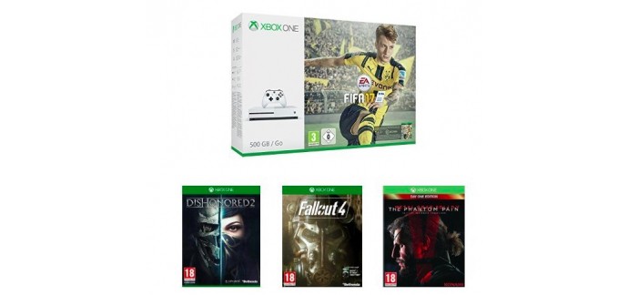 Amazon: Xbox One S 500Go + Fifa 17 + Dishonored 2 + Fallout 4 + MGS V à 299,99€