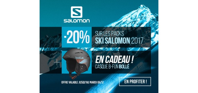 Glisshop: 20% de rabais sur tous les packs ski Salomon 2017 + un casque B-FUN Bollé offert