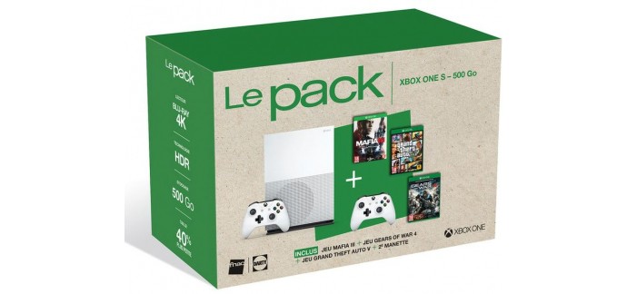 Darty: Pack Xbox one S blanche : 2 mannettes, Mafia3, GTA5, GOW4 a 329,90€