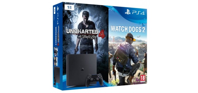 Auchan: Pack Console PS4 Slim 1To + 2 jeux (Uncharted 4 et Watch dogs 2) à 299,99€