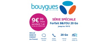 Bouygues Telecom: Forfait mobile B&YOU tout illimité + 20Go à 9,99€/mois pendant 1 an