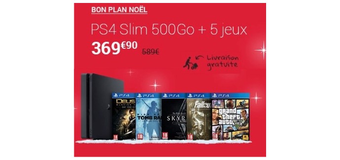 Fnac: PS4 Slim 500 + 5 jeux (Fallout 4, GTA V, Tomb Raider, Deux EX, Skyrim) à 369,90€