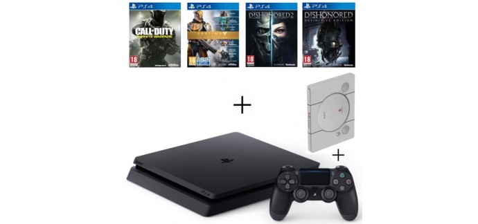 Cdiscount: PS4 Slim 500Go + 4 Jeux: CoD IW + Destiny + Dishonored 1 & 2 + SteelBook à 359€