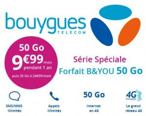Bouygues Telecom: Forfait mobile tout illimité + 50 Go d'Internet 4 G à 9,99€ / mois pendant 1 an