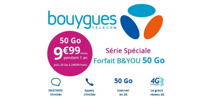 Bouygues Telecom: Forfait mobile tout illimité + 50 Go d'Internet 4 G à 9,99€ / mois pendant 1 an