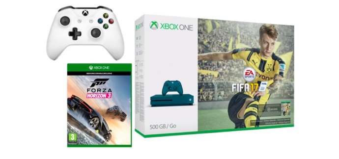 Microsoft: Pack Xbox One bleu S 500 Go + 2e manette + Fifa 17 + Forza Horizon 3 à 319€