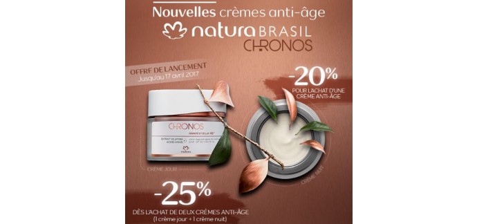 Natura Brasil: -20% pour l'achat d'une crème anti-âge, -25% pour l'achat de 2