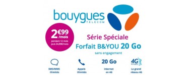 Bouygues Telecom: Forfait mobile B&YOU tout illimité + 20 Go d'Internet à 2,99€/mois pendant 1 an