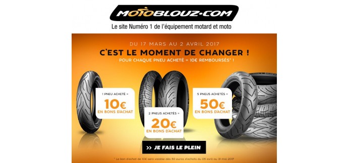 Motoblouz: 10€ offerts en bon d'achat par pneu moto acheté parmi une sélection