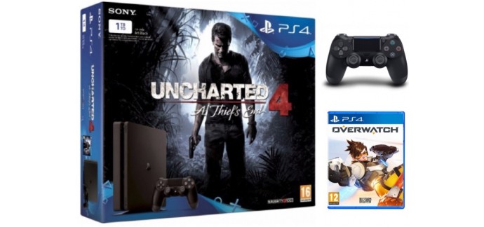 Micromania: Pack PS4 Slim 1 To + 2e manette + Uncharted 4 + Overwatch à 299,99€