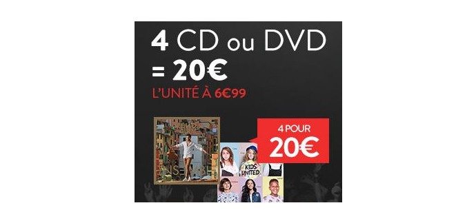 Cultura: 4 CD ou DVD pour 20€ au lieu de 6,99€ l'unité 