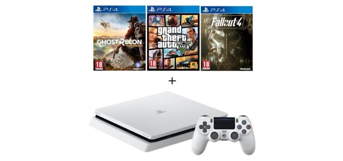 Cdiscount: PS4 Slim White 500 Go + GTA V + Ghost Recon Wildlands + Fallout 4 à 299,99€