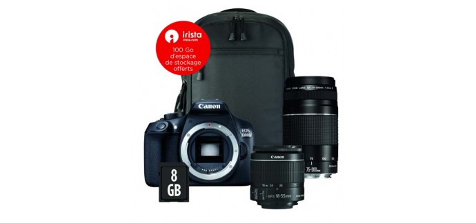 TopAchat: APN Canon 1300D + 2 objectifs (18-55 & 75-300mm) + sacoche + SD 8 Go à 524,90€