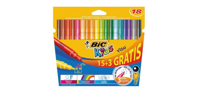 Amazon: Feutres de Coloriage BIC Kids Visa Etui Carton de 15+3 à 1,74€ au lieu de 6,50€