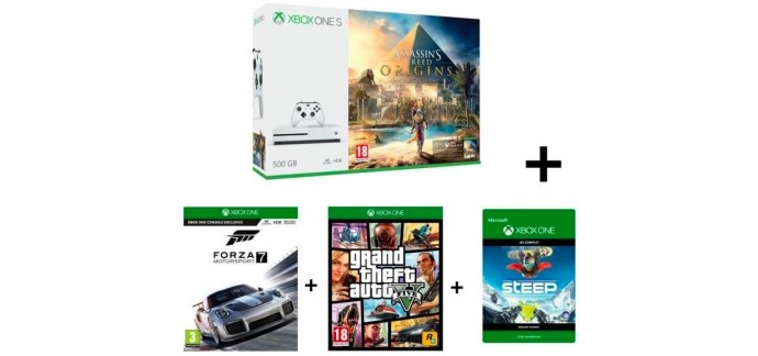 Cdiscount: Xbox One S 500Go + Assassin's Creed Origins + Forza Motorsport 7 + GTA V + Steep