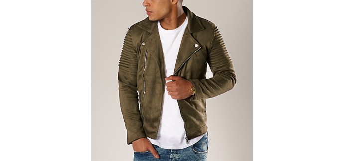 La Boutique Officielle: Veste Biker Suédine G7652 Vert Kaki - John H au prix de 55,99 € au lieu de 69,99 €