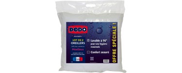 Auchan: Lot de de 2 oreillers DODO 50x70 moelleux polyester lavables à 95° à 14€ au lieu de 28€