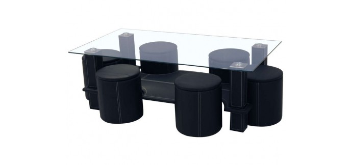 Conforama: [Soldes] Table basse + 6 poufs sixty coloris noir à 176,25€ au lieu de 349,50€