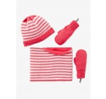 Vertbaudet: Ensemble fille bonnet + snood + gants - rose pâle rayé à 4,49€