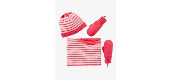 Vertbaudet: Ensemble fille bonnet + snood + gants - rose pâle rayé à 4,49€