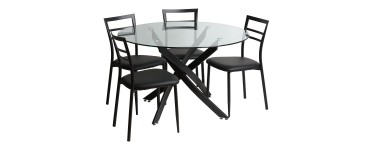 Delamaison: Ensemble table à manger ronde en métal/verre L120cm et 4 chaises métal BECKY à 349€ au lieu de 699€