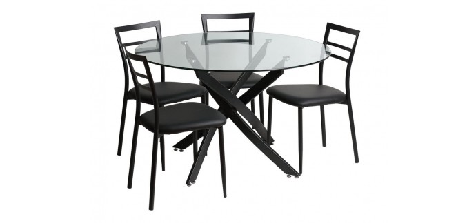 Delamaison: Ensemble table à manger ronde en métal/verre L120cm et 4 chaises métal BECKY à 349€ au lieu de 699€