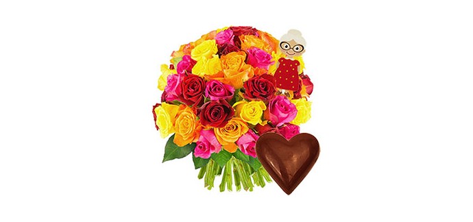 Florajet: 50 roses multicolores + coeur en chocolat à 33€ au lieu de 37€