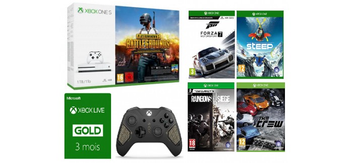 Micromania: Pack Xbox One S 1To PUBG + 4 jeux + 3 mois Xbox Live + Manette Recon Tech à 319,99€