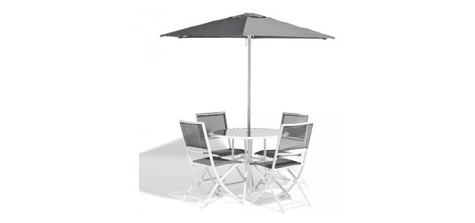 GiFi: Salon de Jardin London en Métal - 4 Chaises + 1 Table en Verre + 1 Parasol à 99€ au lieu de 129€